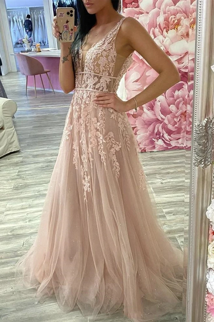 A Line Satin Blush Pink Prom Dresses Cross Back Split Side – MyChicDress